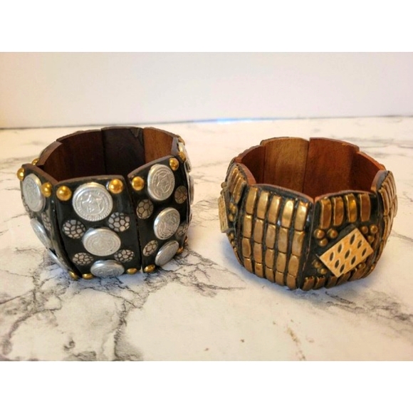 Cuff Bracelets Stretch Wood Panels Decorative Metal Inlay 2+" Wide Chunky Boho - Picture 3 of 4